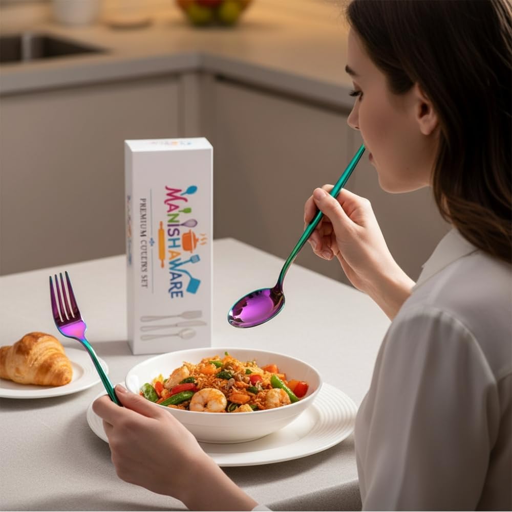 Manishaware Classic Stainless Steel Cutlery Set for Dining Table, Dishwasher Safe Glossy Flatware (Perfect Spoon Fork Set)