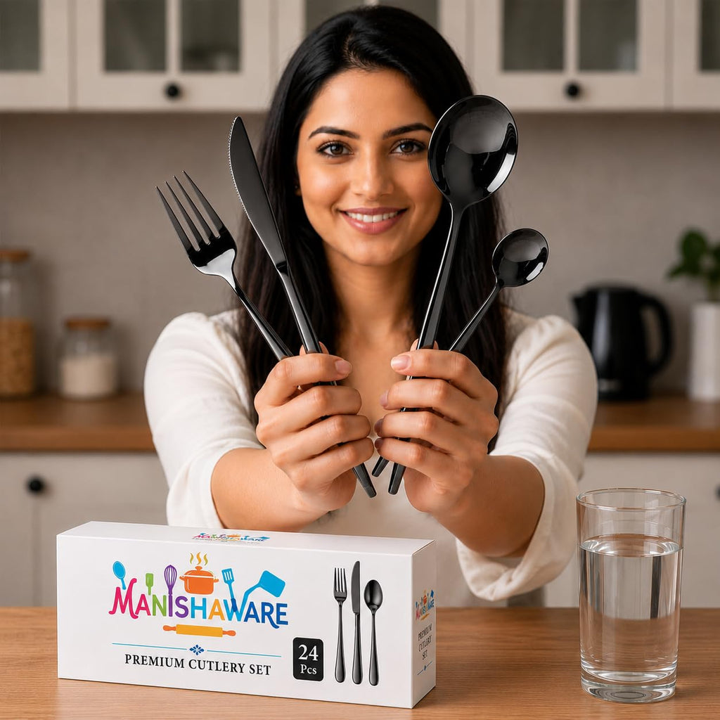 Manishaware Slim Handle Black 24 Pcs Stainless Steel Cutlery Set for Dining Table, Dishwasher Safe Glossy Flatware (6 spoon set+6 forks set+6 Butter knife+6 Dessert Spoon)