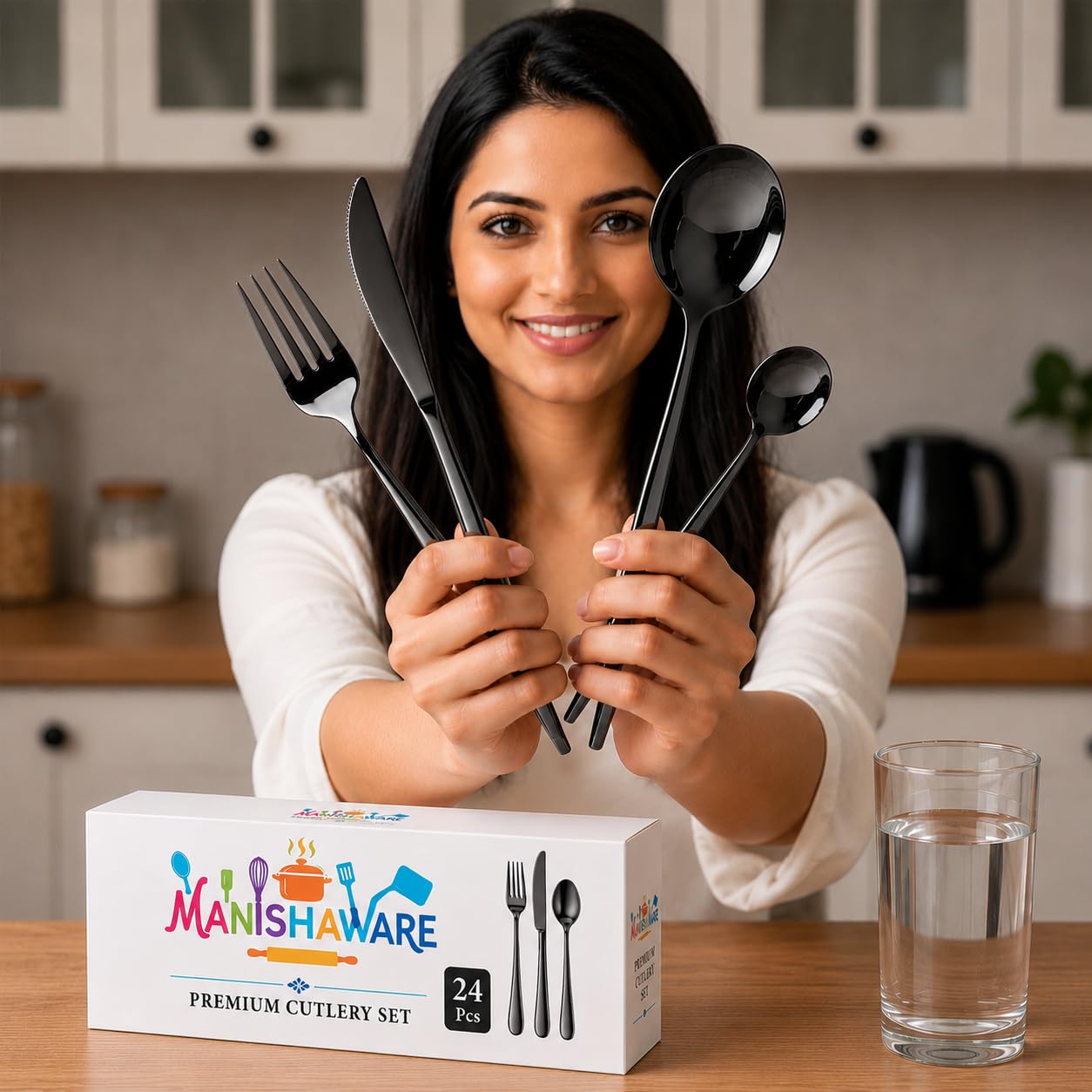 Manishaware Slim Handle Stainless Steel Cutlery Set for Dining Table, Dishwasher Safe Glossy Flatware (6 spoon set + 6 forks set + 6 Butter knife + 6 Dessert Spoon)