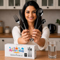 Manishaware Slim Handle Black 24 Pcs Stainless Steel Cutlery Set for Dining Table, Dishwasher Safe Glossy Flatware (6 spoon set + 6 forks set + 6 Butter knife + 6 Dessert Spoon)
