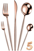 Manishaware Slim Handle Rose Gold 5 Pcs Stainless Steel Cutlery Set for Dining Table, Dishwasher Safe Glossy Flatware (1 spoon set+1 forks set+1 Butter knife+1 Dessert Spoon+ 1 Fruit Fork)