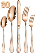 Manishaware Checkered Rose Gold 30 Pcs Stainless Steel Cutlery Set for Dining Table, Dishwasher Safe Glossy Flatware (6 spoon set+6 forks set+6 Butter knife+6 Dessert Spoon+ 6 Fruit Fork)