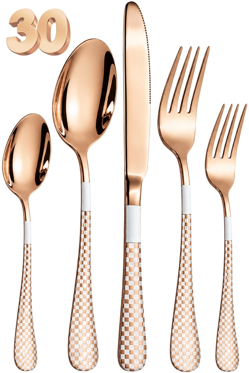 Manishaware Checkered 30 Pcs Stainless Steel Cutlery Set for Dining Table, Dishwasher Safe Glossy Flatware (6 spoon set+6 forks set+6 Butter knife+6 Dessert Spoon+ 6 Fruit Fork)