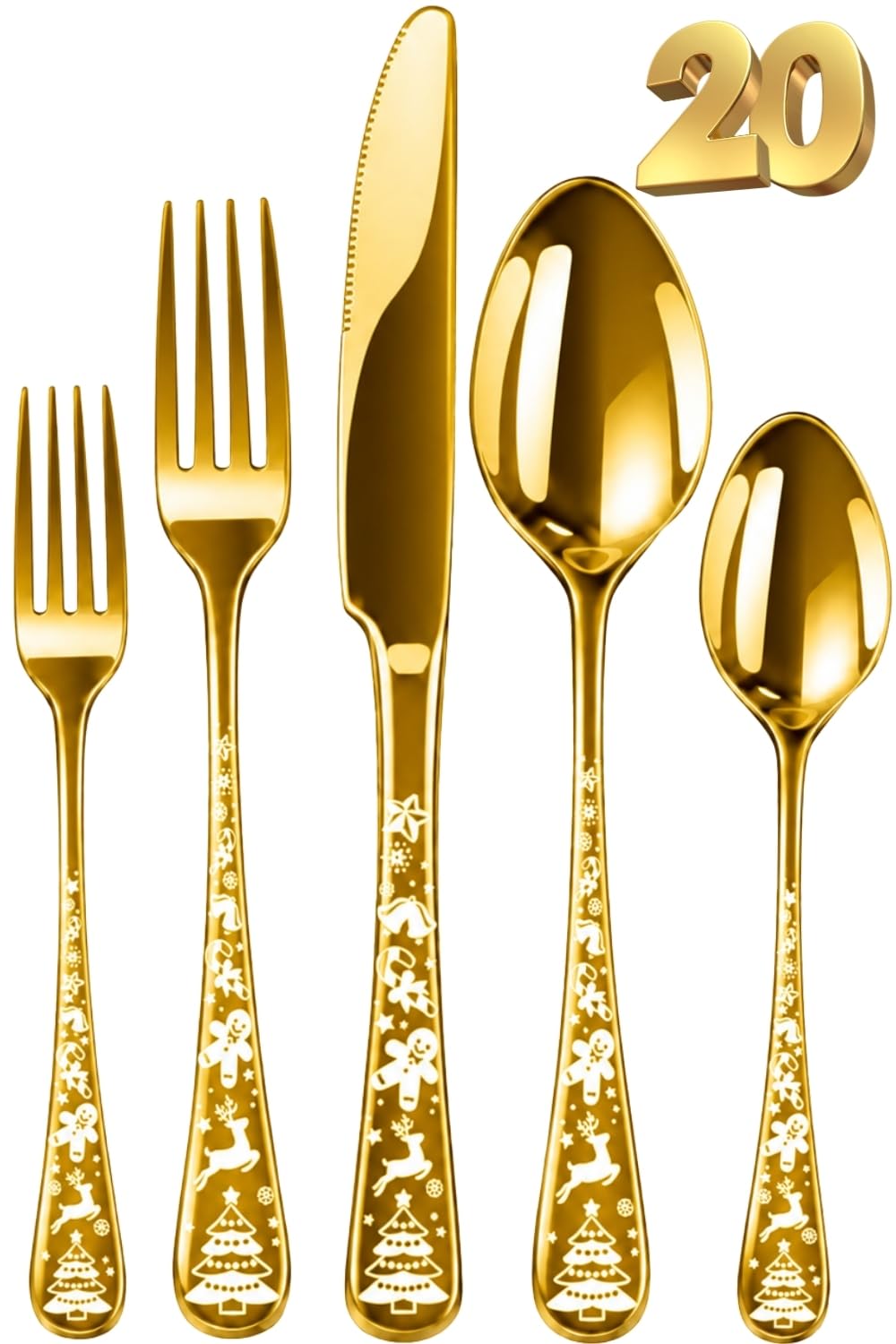 Manishaware Christmas Gold 20 Pcs Stainless Steel Cutlery Set for Dining Table, Dishwasher Safe Glossy Flatware (4 spoon set+4 forks set+4 Butter knife+4 Dessert Spoon+ 4 Fruit Fork)