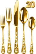 Manishaware Christmas Gold 20 Pcs Stainless Steel Cutlery Set for Dining Table, Dishwasher Safe Glossy Flatware (4 spoon set+4 forks set+4 Butter knife+4 Dessert Spoon+ 4 Fruit Fork)