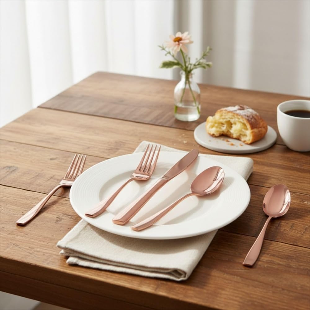 Manishaware Mirror Polished Rose Gold 10 Pcs Stainless Steel Cutlery Set for Dining Table, Dishwasher Safe Glossy Flatware (2 spoon set + 2 forks set + 2 Butter knife + 2 Dessert Spoon + 2 Fruit Fork)