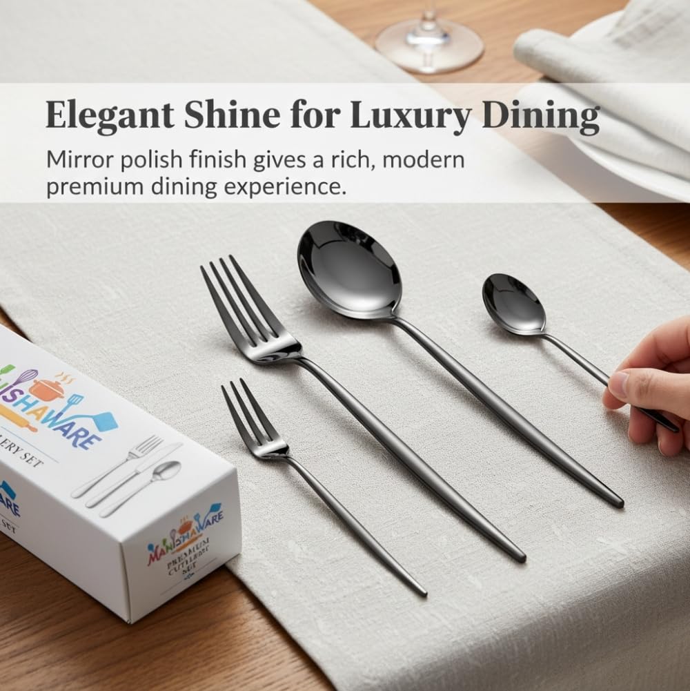 Manishaware Classic Stainless Steel Cutlery Set for Dining Table, Dishwasher Safe Glossy Flatware (Perfect Spoon Fork Set)