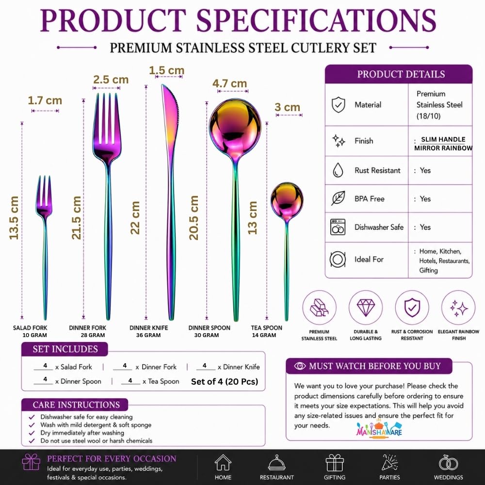 Manishaware Slim Handle Rainbow 20 Pcs Stainless Steel Cutlery Set for Dining Table, Dishwasher Safe Glossy Flatware (4 spoon set+4 forks set+4 Butter knife+4 Dessert Spoon+ 4 Fruit Fork)
