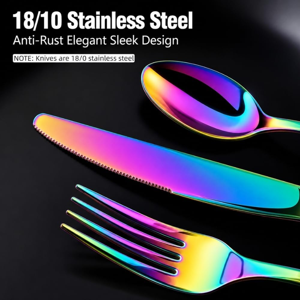 Manishaware Mirror Polished Rainbow 15 Pcs Stainless Steel Cutlery Set for Dining Table, Dishwasher Safe Glossy Flatware (3 spoon set + 3 forks set + 3 Butter knife + 3 Dessert Spoon + 3 Fruit Fork)