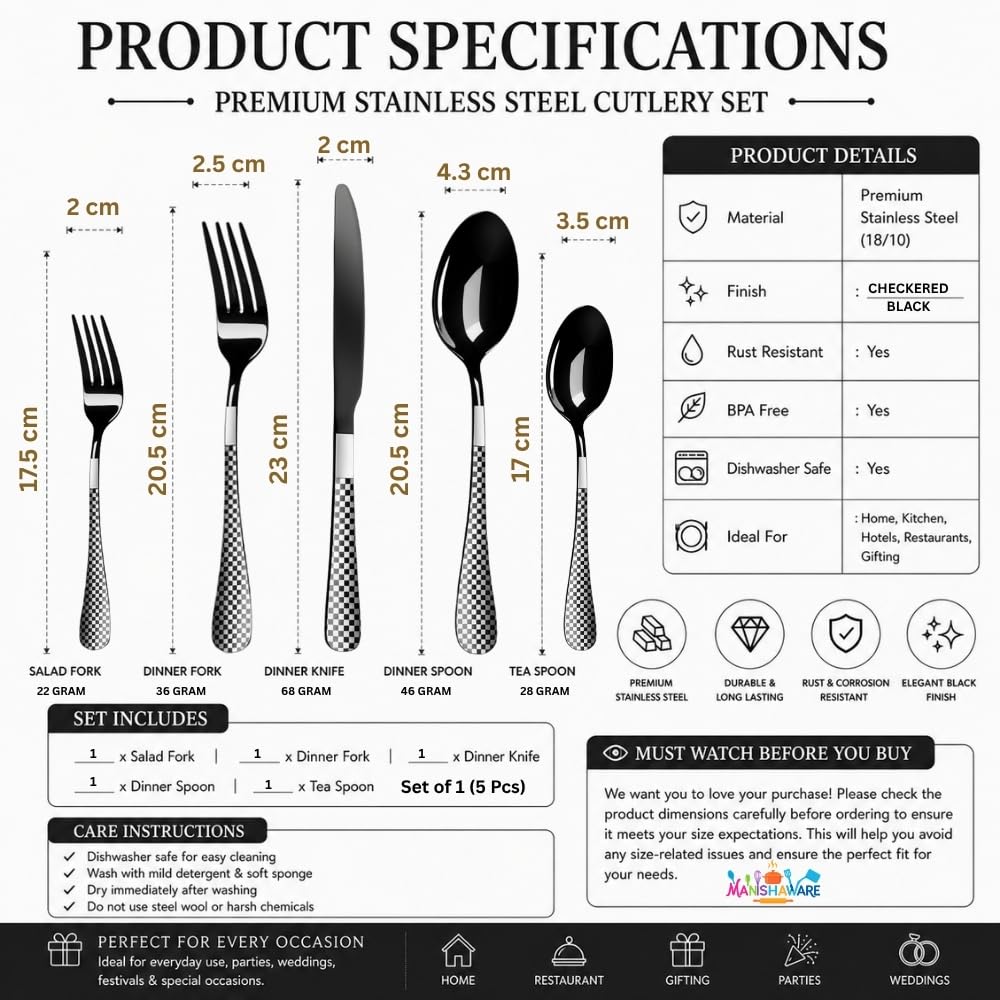 Manishaware Checkered Stainless Steel Cutlery Set for Dining Table, Dishwasher Safe Glossy Flatware (4 spoon set+4 forks set+4 Butter knife+4 Dessert Spoon+ 4 Fruit Fork)