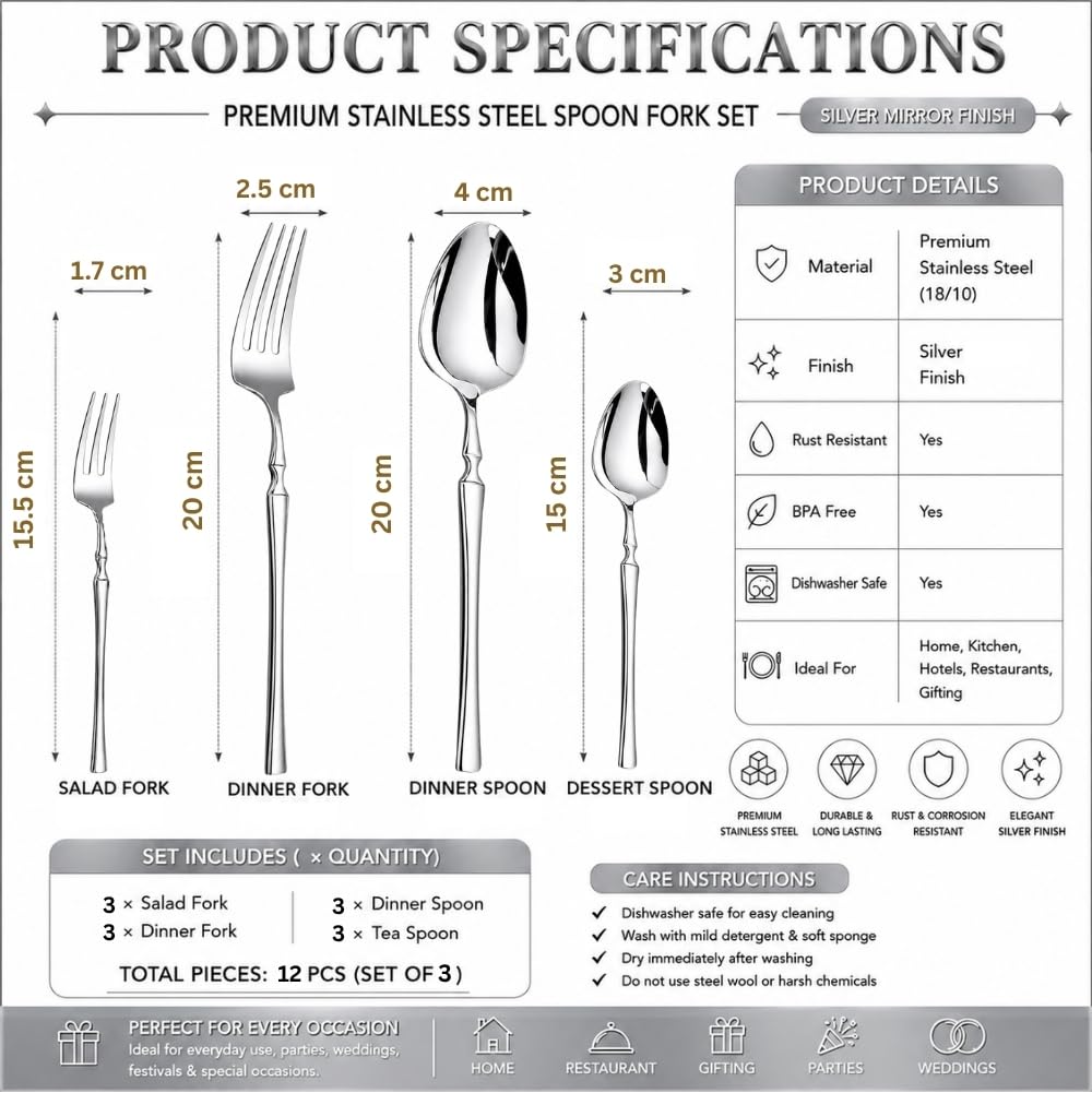 MANISHAWARE 12 Pcs Silver Stainless Steel Spoon Fork Set for Kitchen | 3 Dinner Spoons, 3 Dinner Forks, 3 Dessert Spoons & 3 Fruit ForksPerfect Spoon Fork Set for Kitchen)