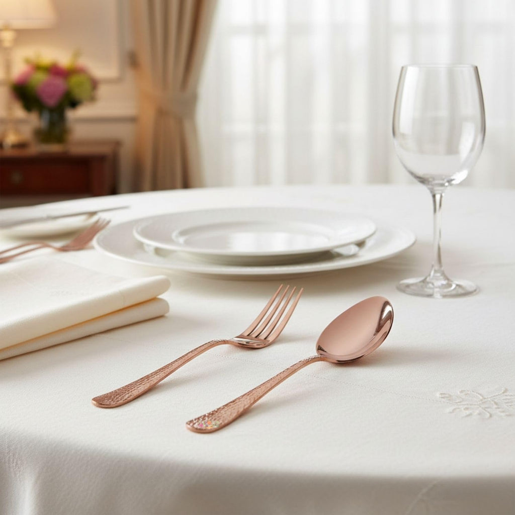 Rose Gold Hammer spoon and fork set, rust resistant stainless steel, a perfect wedding, housewarming, corporate and festival gift