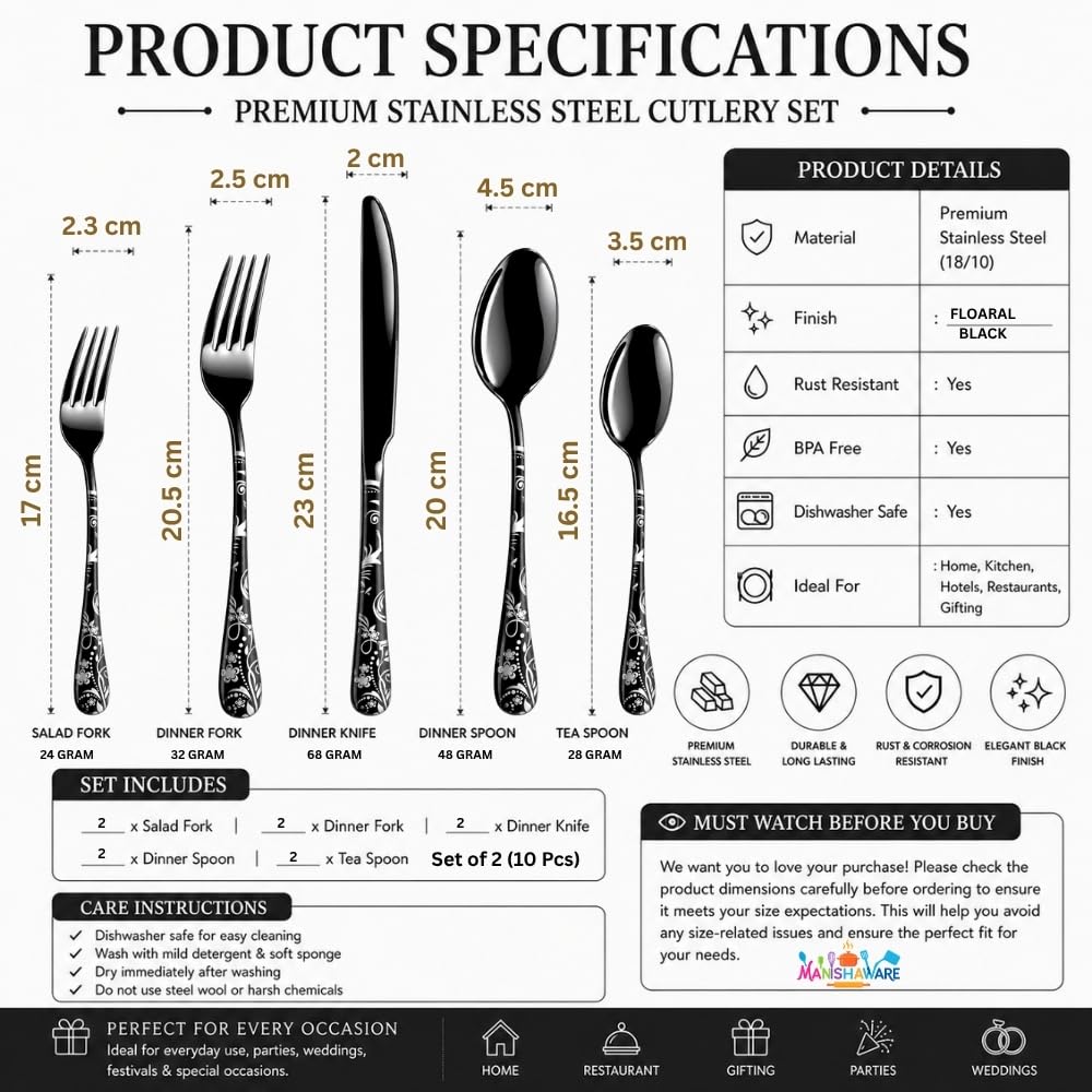 Manishaware Floral Black 10 Pcs Stainless Steel Cutlery Set for Dining Table, Dishwasher Safe Glossy Flatware (2 spoon set+2 forks set+2 Butter knife+2 Dessert Spoon+ 2 FruitFork)
