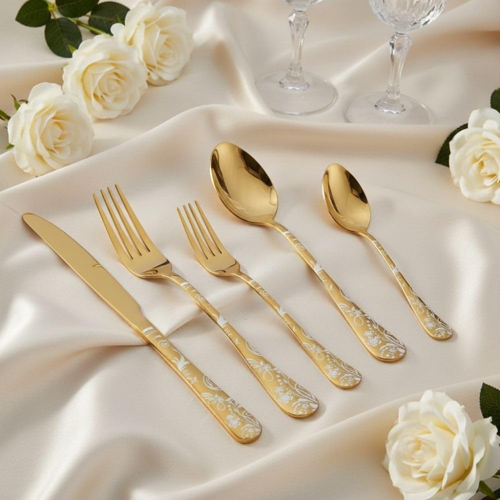Manishaware Floral 30 Pcs Stainless Steel Cutlery Set for Dining Table, Dishwasher Safe Glossy Flatware (6 spoon set+6 forks set+6 Butter knife+6 Dessert Spoon+ 6 FruitFork)