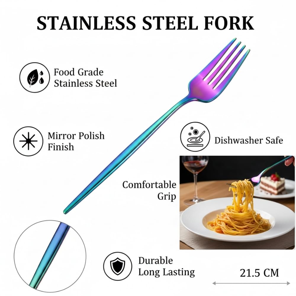 Manishaware 24 Pcs RAINBOW Slim Handle Stainless Dinner Steel Fork set for Kitchen or Dining Table