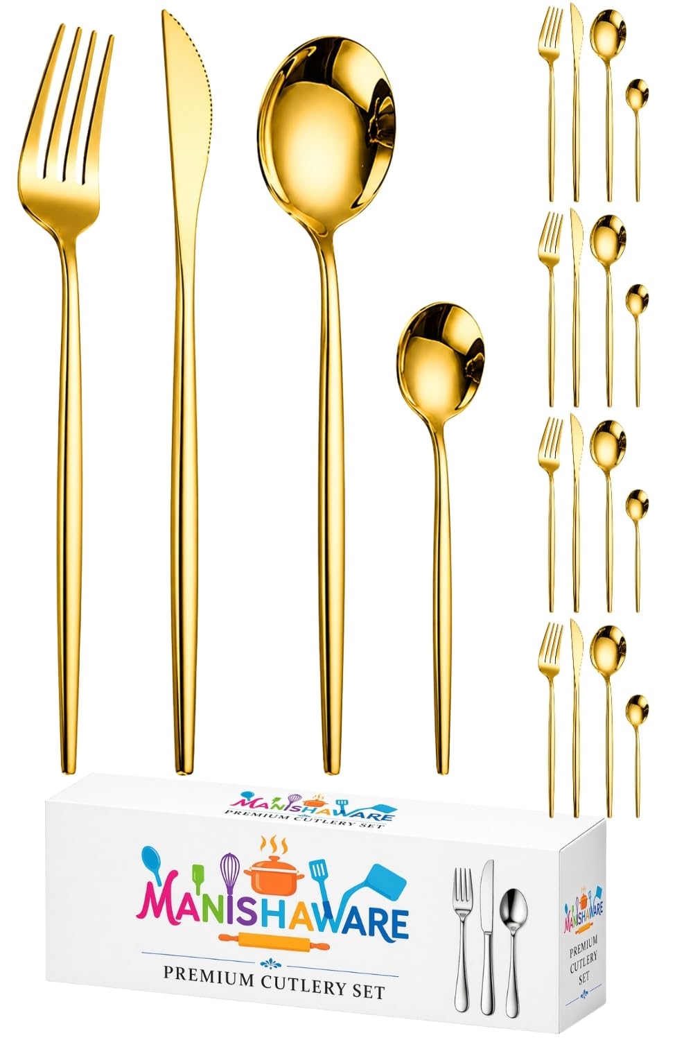 Manishaware Slim Handle Gold 20 Pcs Stainless Steel Cutlery Set for Dining Table, Dishwasher Safe Glossy Flatware (5 spoon set+5 forks set+5 Butter knife+5 Dessert Spoon)