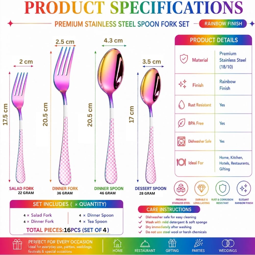 Manishaware Classic Rainbow 16 Pcs Stainless Steel Cutlery Set for Dining Table, Dishwasher Safe Glossy Flatware (Perfect Spoon Fork Set)