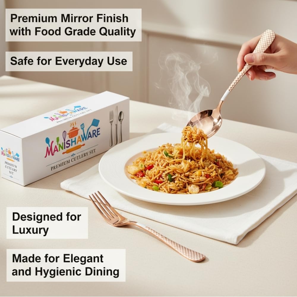 Manishaware Classic Rose Gold 12 Pcs Stainless Steel Cutlery Set for Dining Table, Dishwasher Safe Glossy Flatware