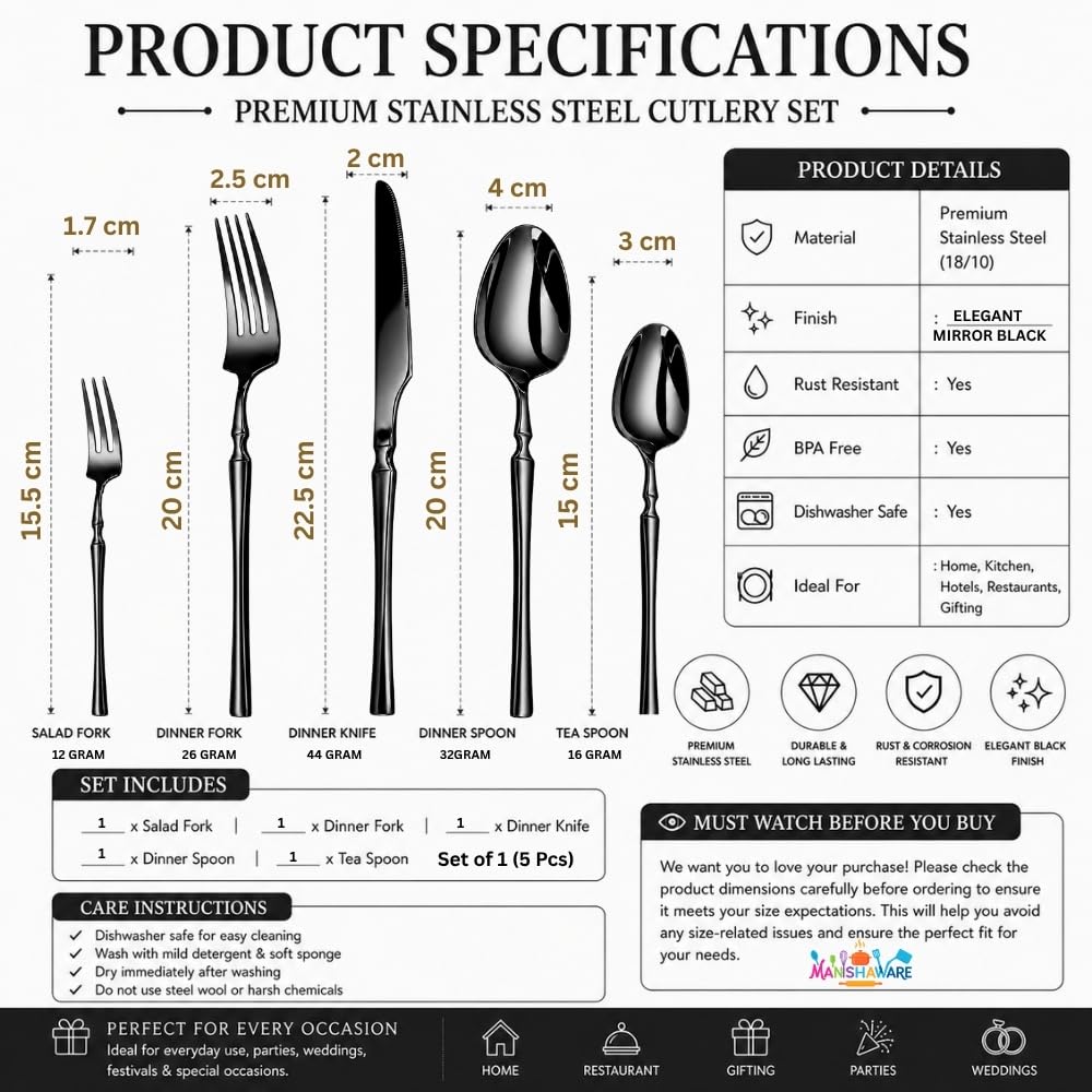 Manishaware Elegant Handle Heavy duty Stainless Steel Cutlery Set for Dining table (spoon set+ forks set+ Butter knife+ Dessert Spoon+ Fuit Fork for kitchen)