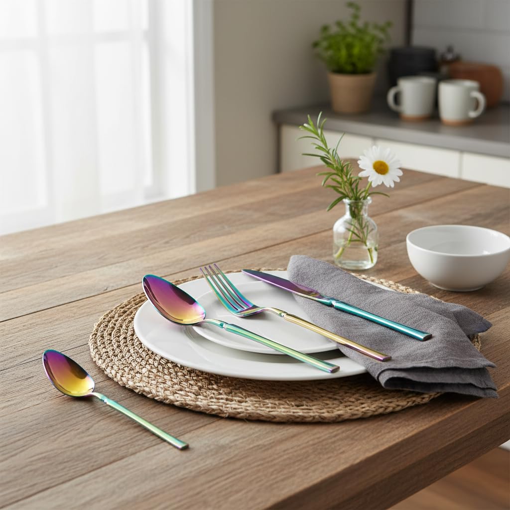 Manishaware Elegant Handle Rainbow 20 Pcs Stainless Steel Cutlery Set for Dining Table, Dishwasher Safe Glossy Flatware (5 spoon set+5 forks set+5 Butter knife+5 Dessert Spoon)