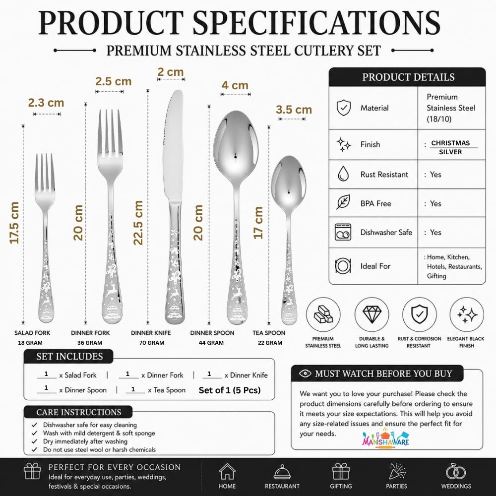 Manishaware Christmas Stainless Steel Cutlery Set for Dining Table, Dishwasher Safe Glossy Flatware (4 spoon set+4 forks set+4 Butter knife+4 Dessert Spoon+ 4 Fruit Fork)