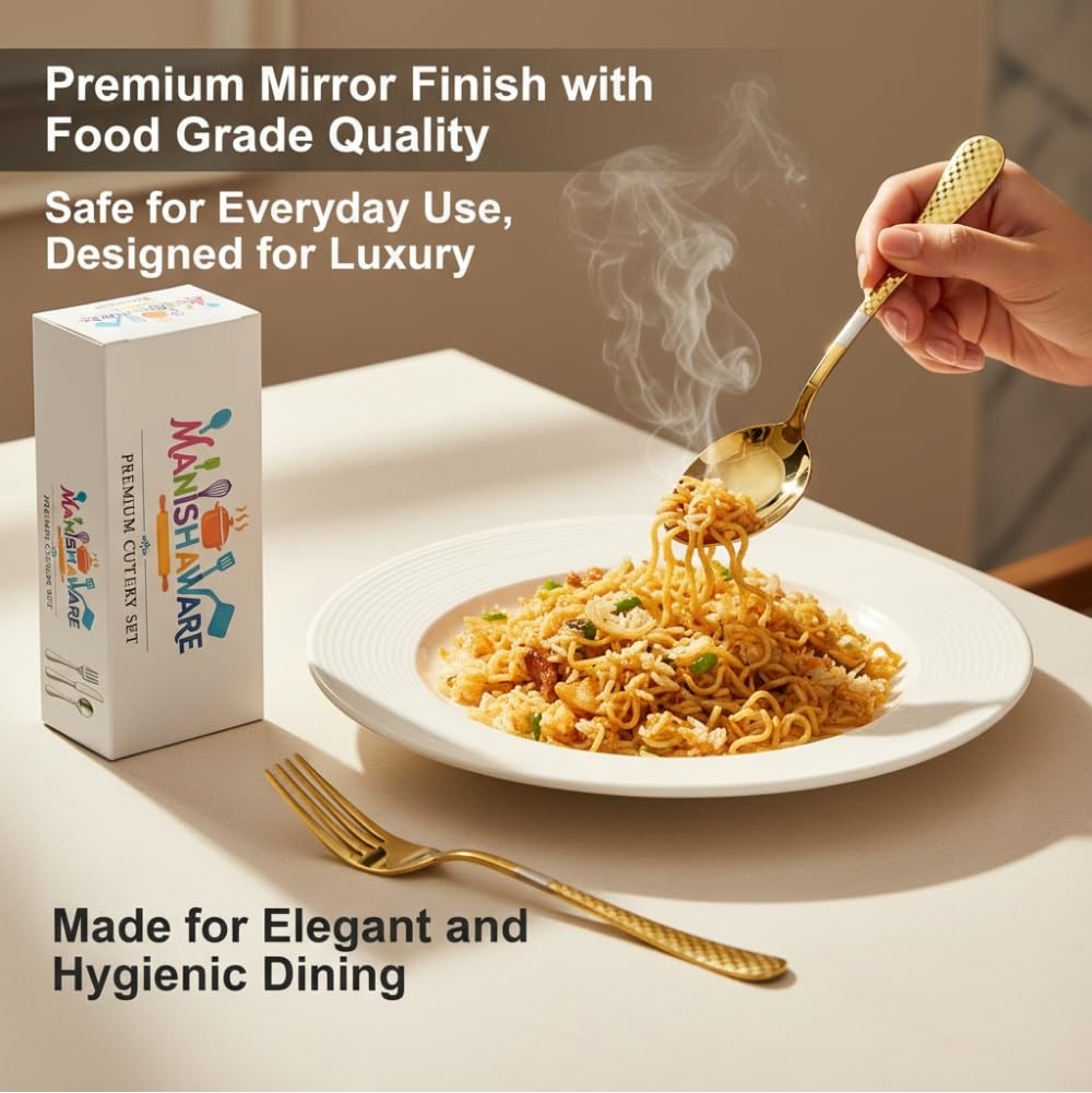 Manishaware Classic Gold 8 Pcs Stainless Steel Cutlery Set for Dining Table, Dishwasher Safe Glossy Flatware (Perfect Spoon Fork Set)