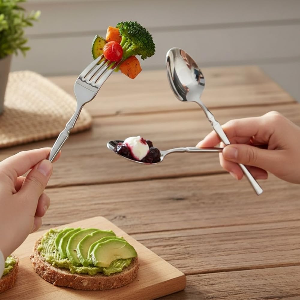 MANISHAWARE 24 Pieces Silver Stainless Steel Cutlery Set for Dining Table | 6 Dinner Spoons, 6 Dinner Forks, 6 Dessert Spoons & 6 Fruit Forks (Perfect Spoon Fork Set for Kitchen)
