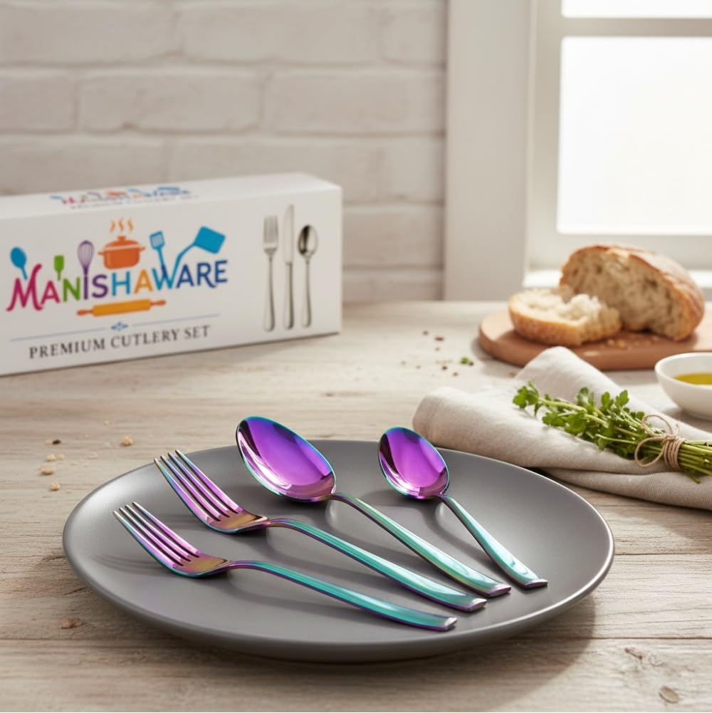 Manishaware Classic Rainbow 24 Pcs Stainless Steel Cutlery Set for Dining Table, Dishwasher Safe Glossy Flatware (Perfect Spoon Fork Set)