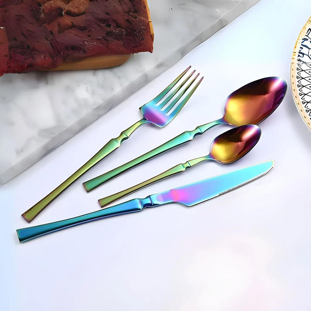 Manishaware Elegant Handle Rainbow 16 Pcs Stainless Steel Cutlery Set for Dining Table, Dishwasher Safe Glossy Flatware (4 spoon set+4 forks set+4 Butter knife+4 Dessert Spoon)