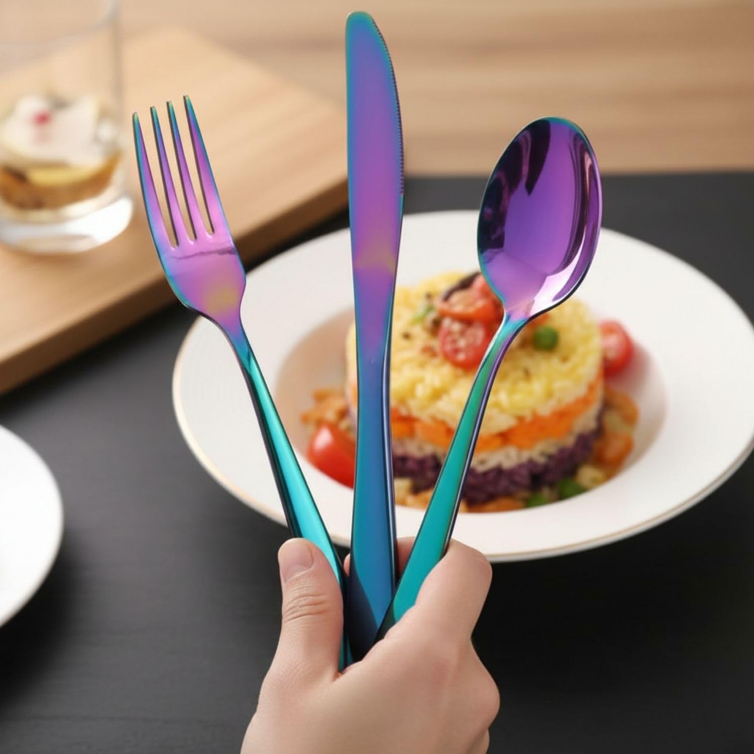 Manishaware Mirror Polished Rainbow 16 Pcs Stainless Steel Cutlery Set for Dining Table, Dishwasher Safe Glossy Flatware (4 spoon set + 4 forks set + 4 Butter knife + 4 Dessert Spoon)