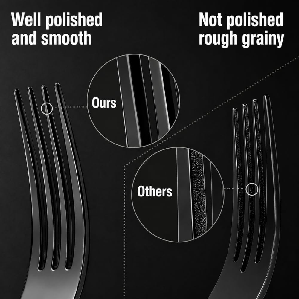 Manishaware Mirror Polished Black 20 Pcs Stainless Steel Cutlery Set for Dining Table, Dishwasher Safe Glossy Flatware (4 spoon set + 4 forks set + 4 Butter knife + 4 Dessert Spoon + 4 Fruit Fork)