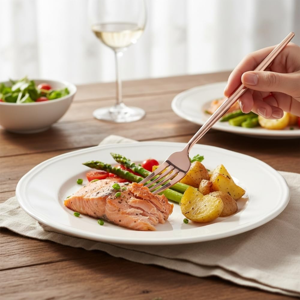 Manishaware 24 Pcs ROSEGOLD Slim Handle Stainless Dinner Steel Fork set for Kitchen or Dining Table