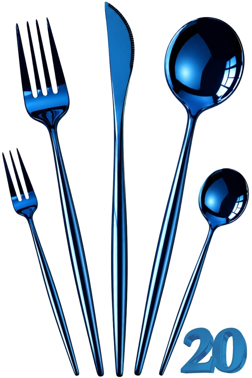 Manishaware Slim Handle Blue 20 Pcs Stainless Steel Cutlery Set for Dining Table, Dishwasher Safe Glossy Flatware (4 spoon set+4 forks set+4 Butter knife+4 Dessert Spoon+ 4 Fruit Fork)