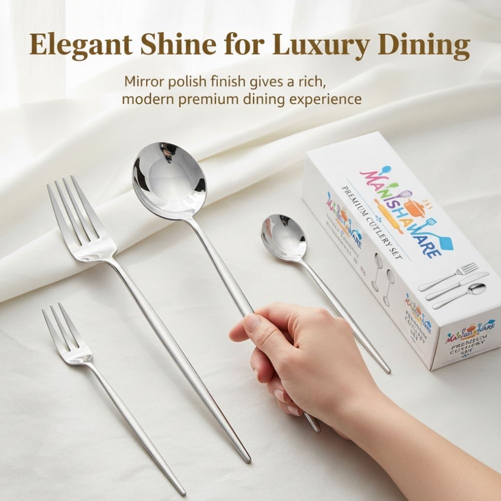 Manishaware Classic Silver 8 Pcs Stainless Steel Cutlery Set for Dining Table, Dishwasher Safe Glossy Flatware (Perfect Spoon Fork Set)