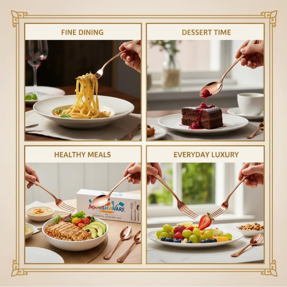 Manishaware Classic Rose Gold 20 Pcs Stainless Steel Cutlery Set for Dining Table, Dishwasher Safe Glossy Flatware (Perfect Spoon Fork Set)