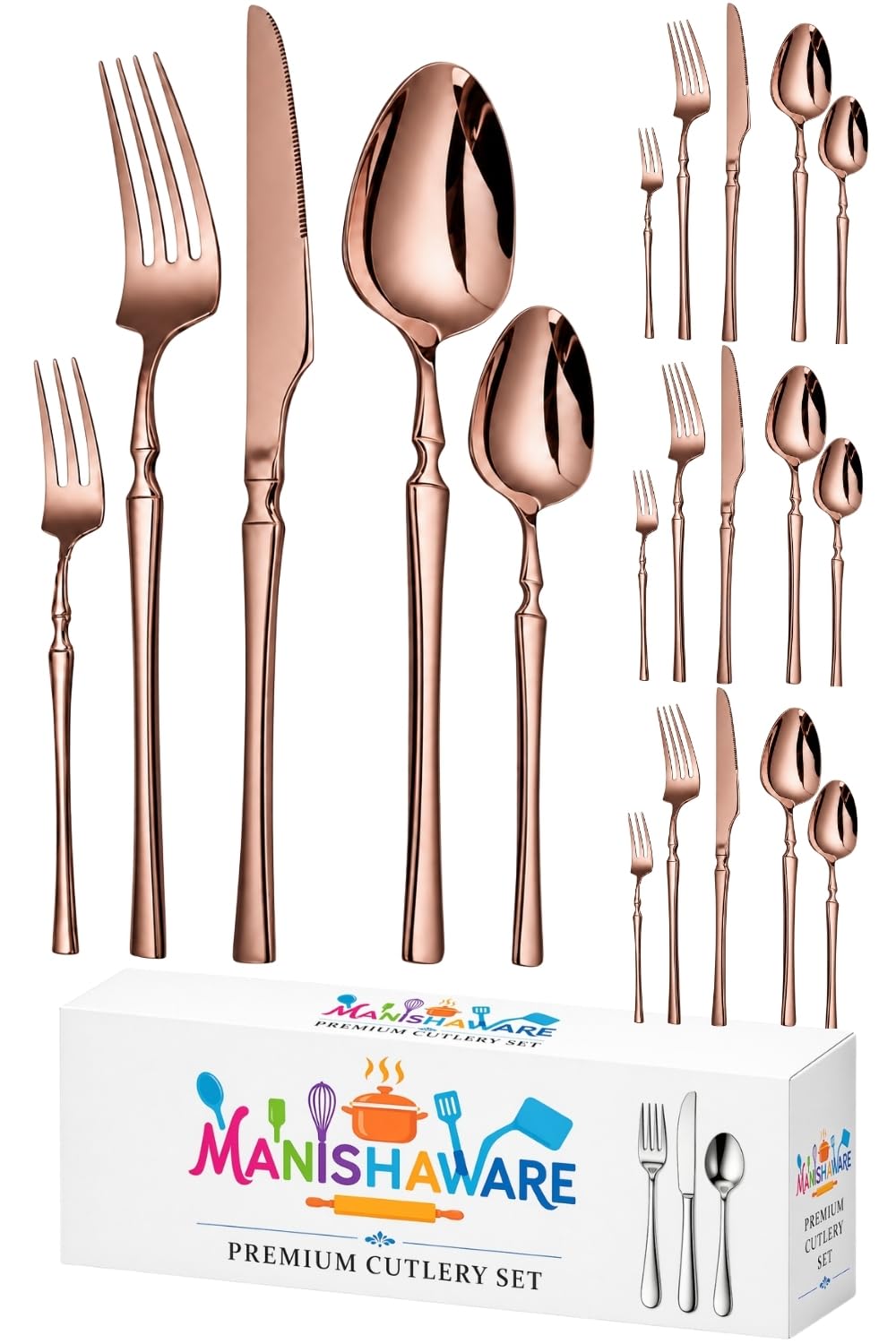 Manishaware Elegant Handle Rose Gold 20 Pcs Stainless Steel Cutlery Set for Dining Table, Dishwasher Safe Glossy Flatware (4 spoon set+4 forks set+4 Butter knife+4 Dessert Spoon+ 4 Fruit Fork)