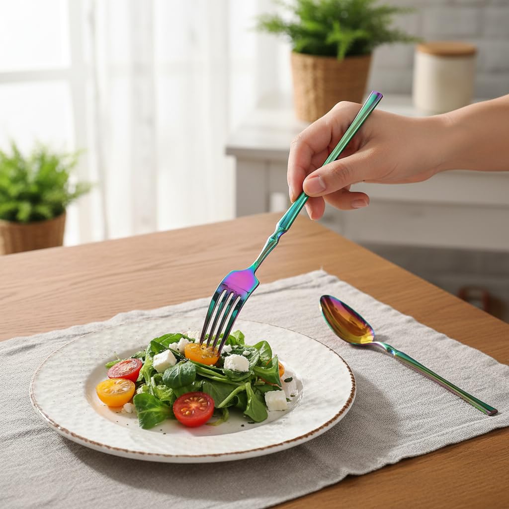 Manishaware Elegant Handle Rainbow 20 Pcs Stainless Steel Cutlery Set for Dining Table, Dishwasher Safe Glossy Flatware (5 spoon set+5 forks set+5 Butter knife+5 Dessert Spoon)