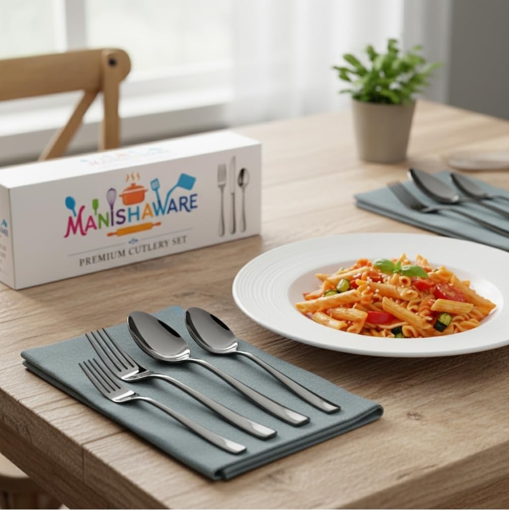 Manishaware Classic Black 12 Pcs Stainless Steel Cutlery Set for Dining Table, Dishwasher Safe Glossy Flatware