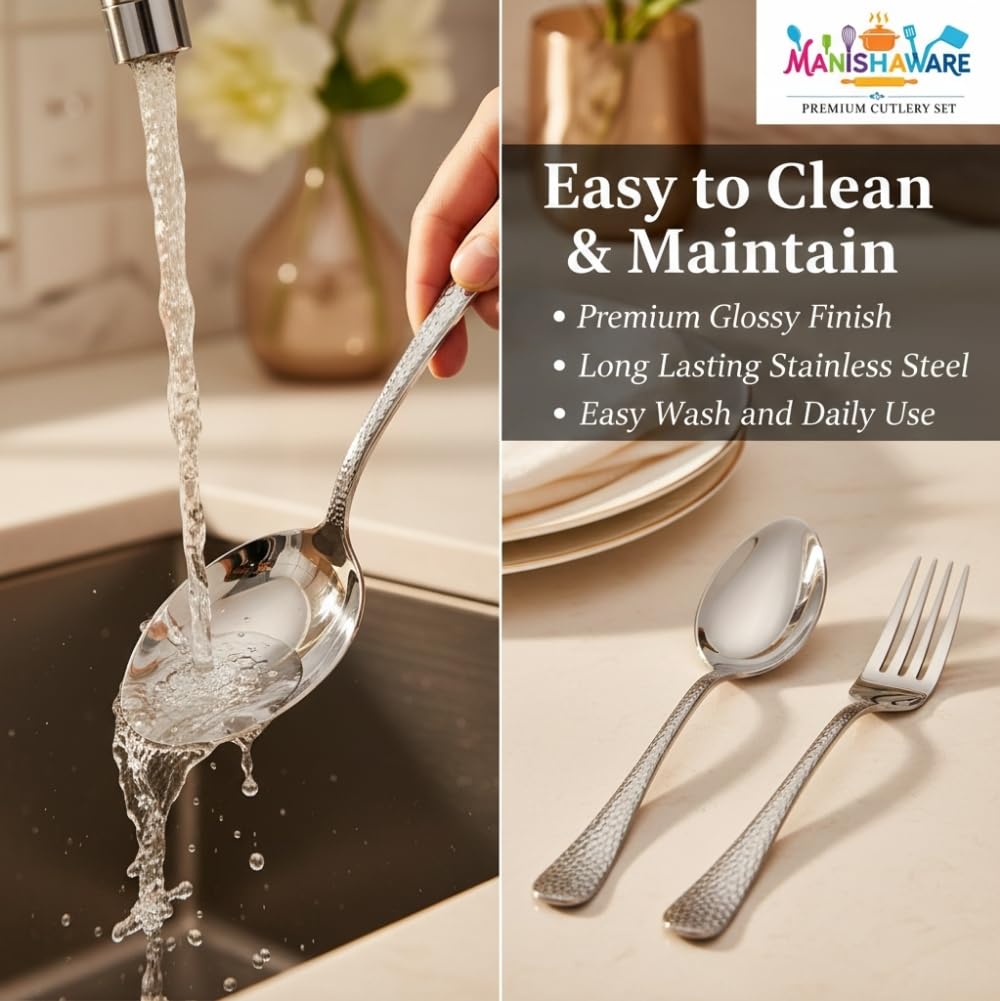 Manishaware Classic Stainless Steel Cutlery Set for Dining Table, Dishwasher Safe Glossy Flatware (Perfect Spoon Fork Set)
