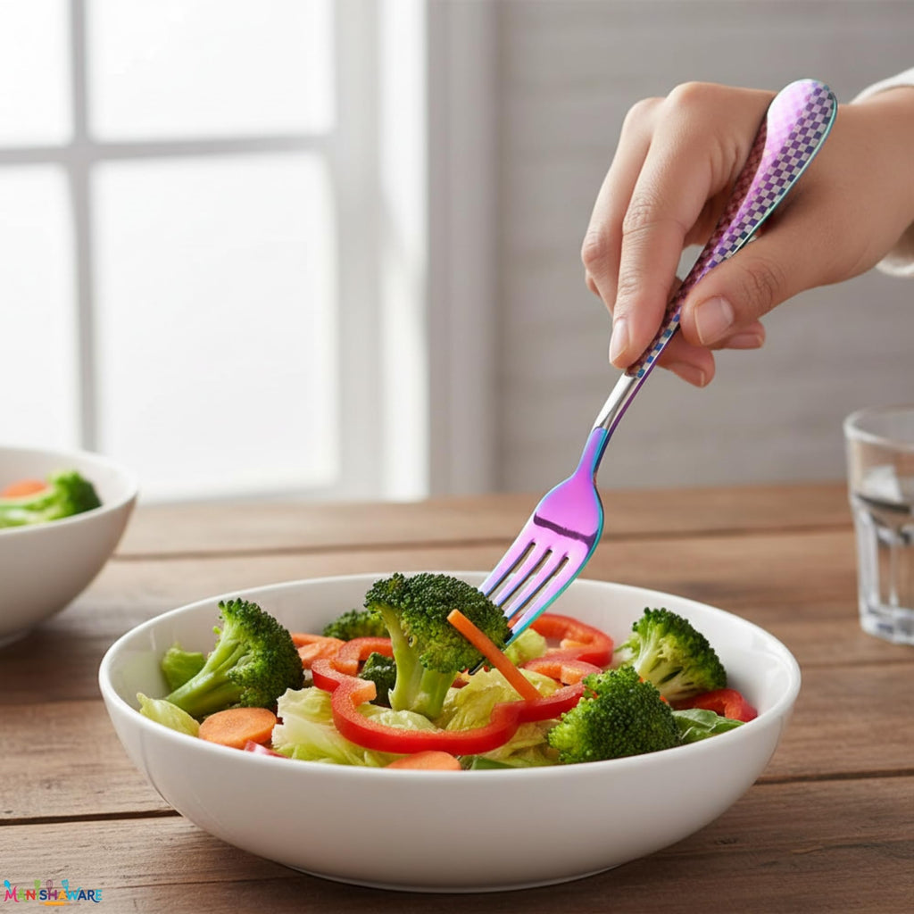 Manishaware Checkered Rainbow 10 Pcs Stainless Steel Cutlery Set for Dining Table, Dishwasher Safe Glossy Flatware (2 spoon set+2 forks set+2 Butter knife+2 Dessert Spoon+ 2 Fruit Fork)