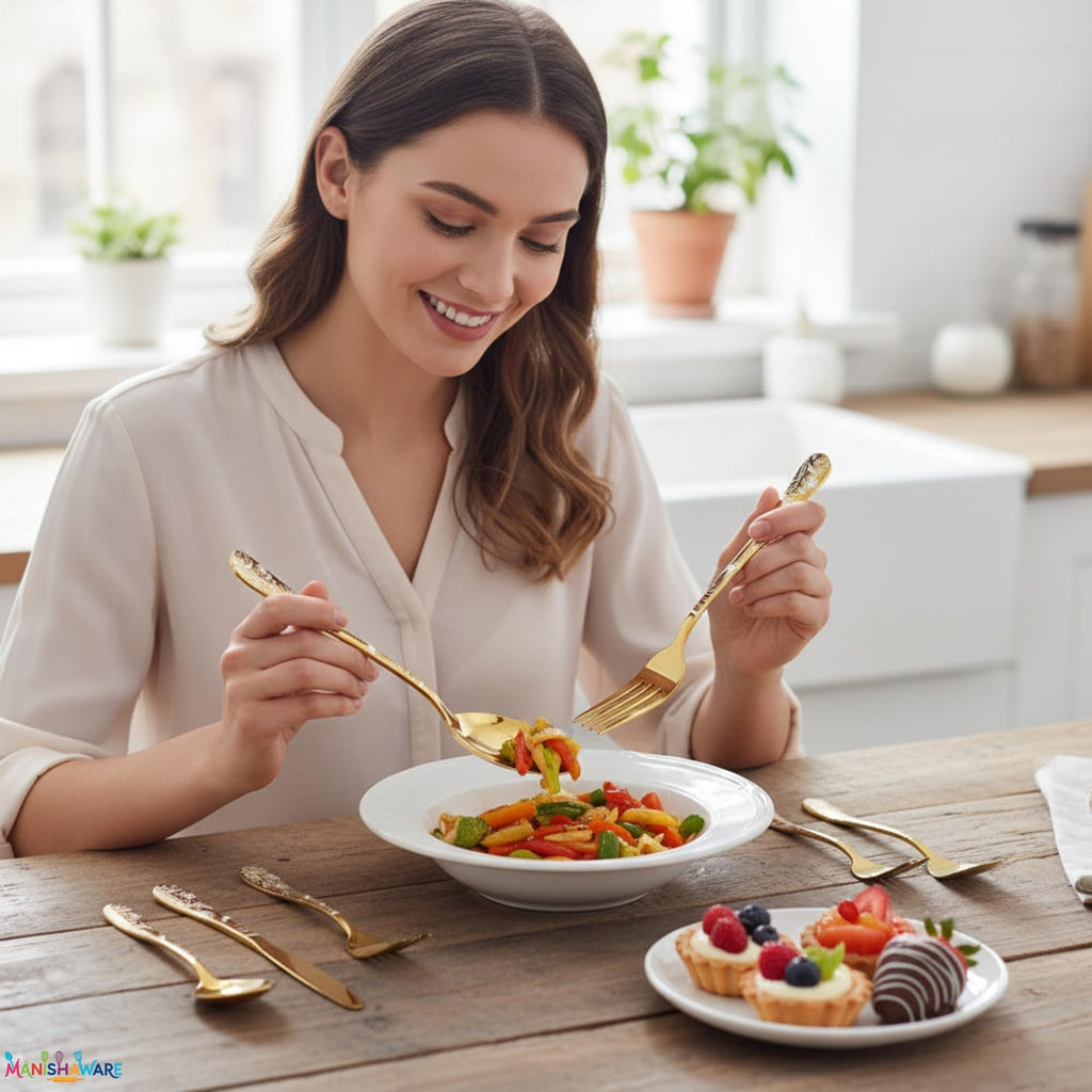 Manishaware Floral Gold 10 Pcs Stainless Steel Cutlery Set for Dining Table, Dishwasher Safe Glossy Flatware (2 spoon set+2 forks set+2 Butter knife+2 Dessert Spoon+ 2 FruitFork)