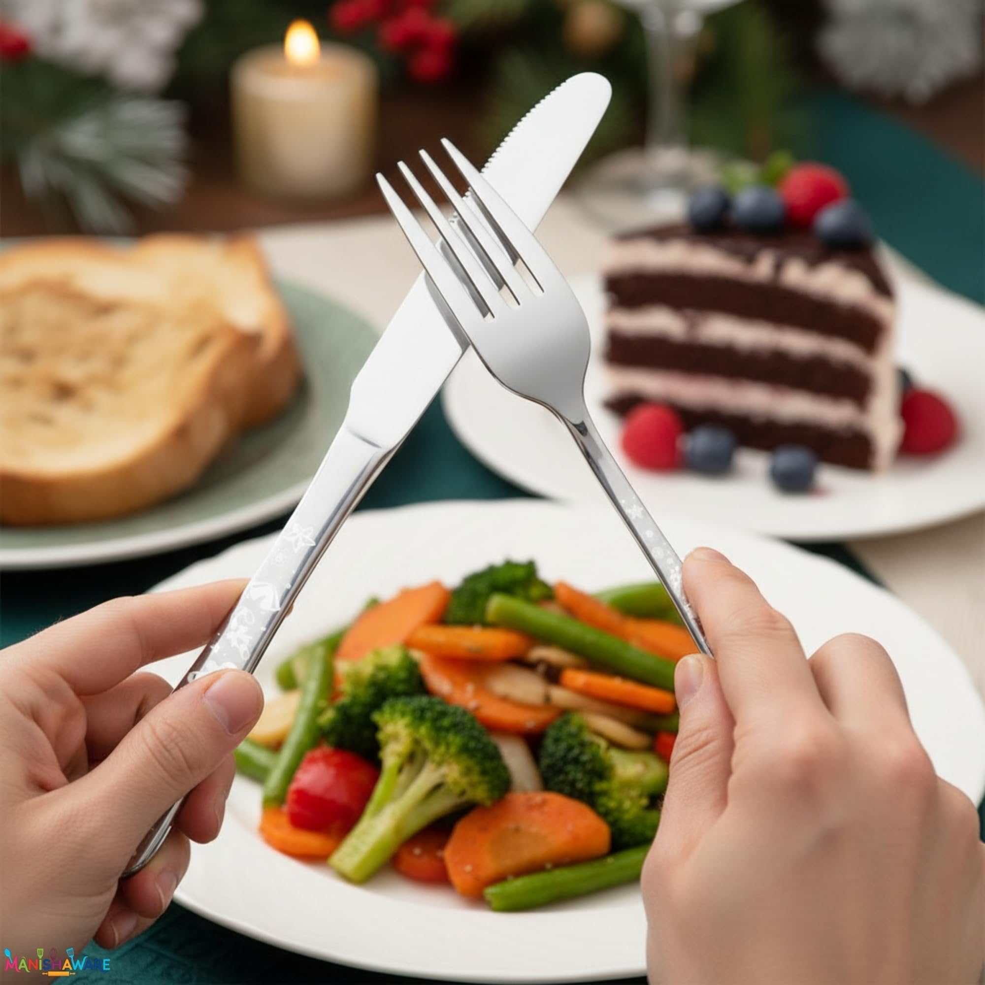 Manishaware Christmas Silver 15 Pcs Stainless Steel Cutlery Set for Dining Table, Dishwasher Safe Glossy Flatware (3 spoon set+3 forks set+3 Butter knife+3 Dessert Spoon+ 3 Fruit Fork)