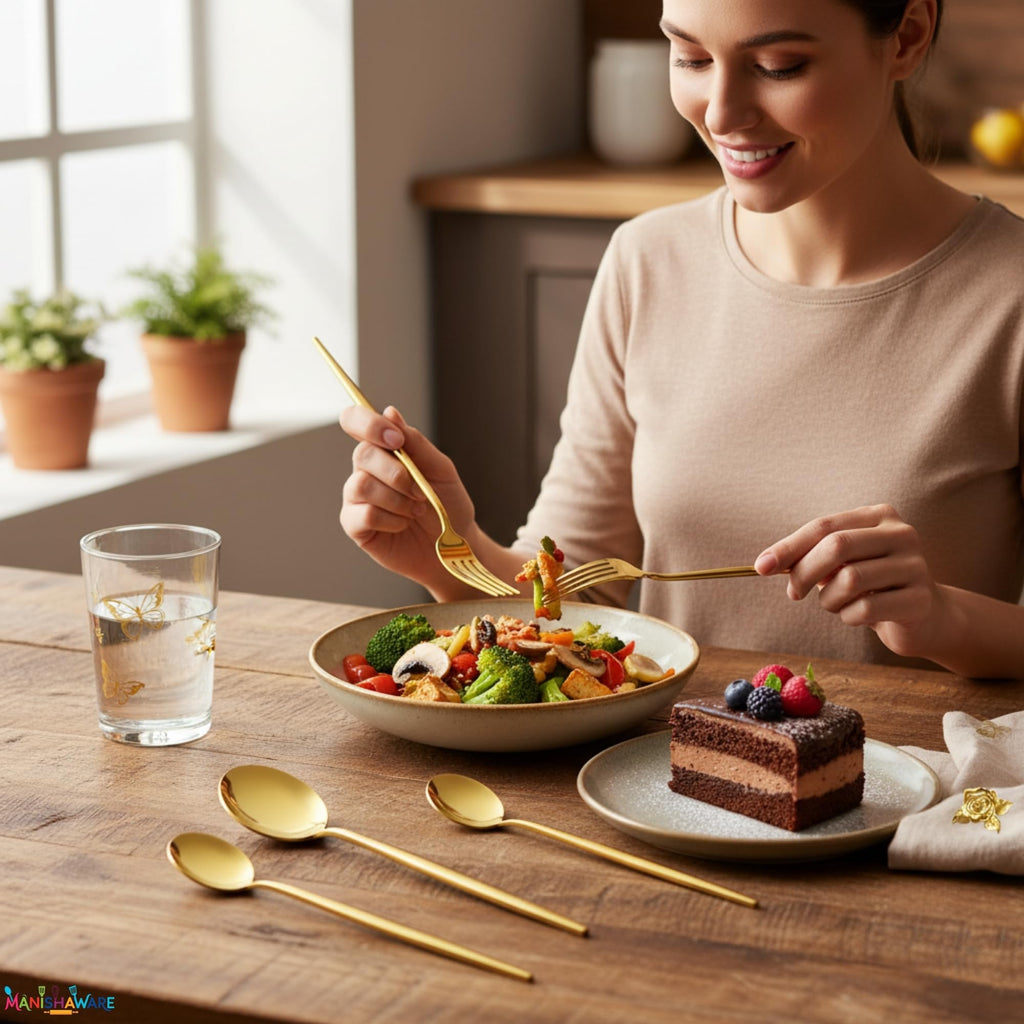 Manishaware Slim Handle Stainless Steel Cutlery Set for Dining Table, Dishwasher Safe Glossy Flatware (6 spoon set + 6 forks set + 6 Butter knife + 6 Dessert Spoon)