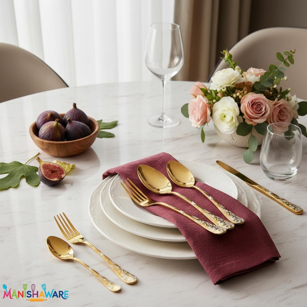 Manishaware Floral Gold 10 Pcs Stainless Steel Cutlery Set for Dining Table, Dishwasher Safe Glossy Flatware (2 spoon set+2 forks set+2 Butter knife+2 Dessert Spoon+ 2 FruitFork)