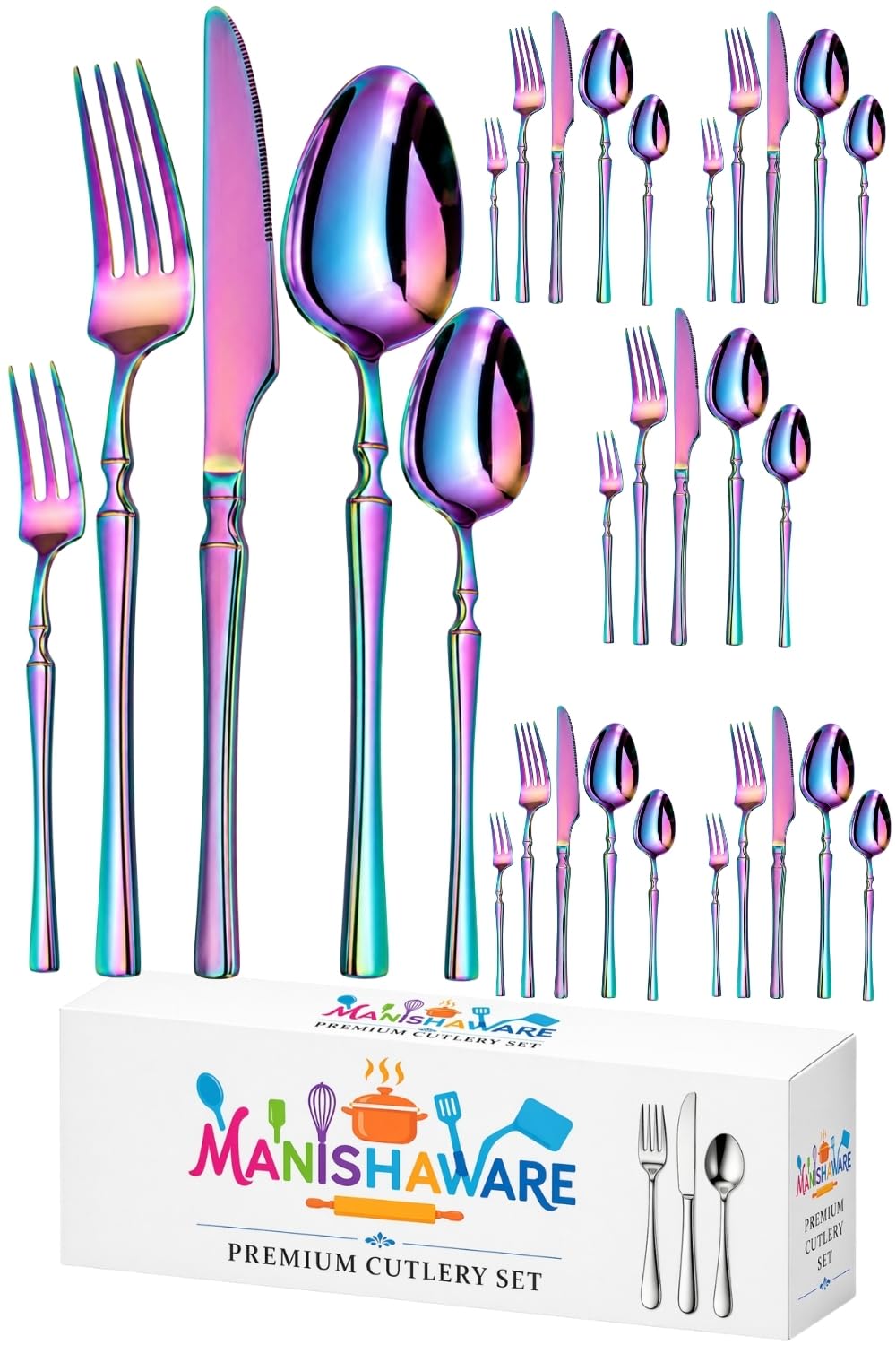 Manishaware Elegant Handle Rainbow 30 Pcs Stainless Steel Cutlery Set for Dining Table, Dishwasher Safe Glossy Flatware (6 spoon set+6 forks set+6 Butter knife+6 Dessert Spoon+ 6 Fruit Fork)