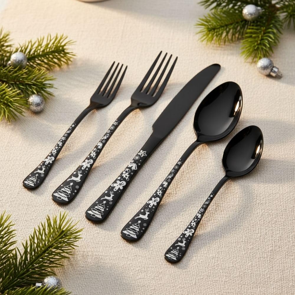 Manishaware Christmas 30 Pcs Stainless Steel Cutlery Set for Dining Table, Dishwasher Safe Glossy Flatware (6 spoon set+6 forks set+6 Butter knife+6 Dessert Spoon+ 6 Fruit Fork)