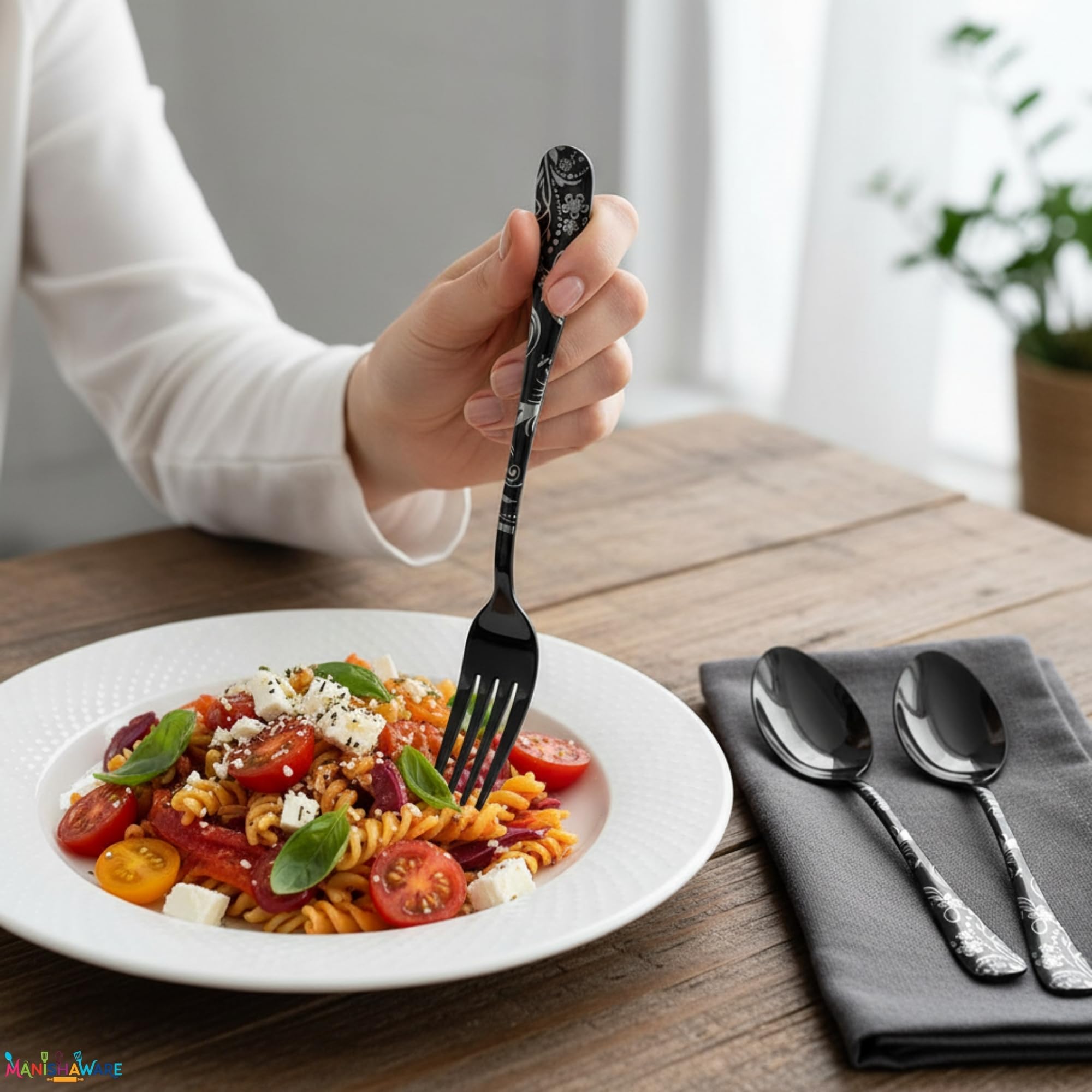 Manishaware Floral Black 10 Pcs Stainless Steel Cutlery Set for Dining Table, Dishwasher Safe Glossy Flatware (2 spoon set+2 forks set+2 Butter knife+2 Dessert Spoon+ 2 FruitFork)