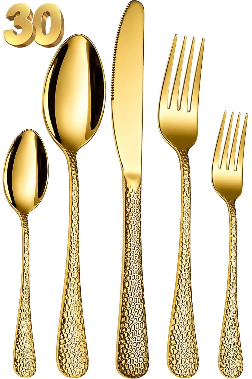 Manishaware Hammered 30 Pcs Stainless Steel Cutlery Set for Dining Table, Dishwasher Safe Glossy Flatware (6 spoon set+6 forks set+6 Butter knife+6 Dessert Spoon+ 6 Fruit Fork)