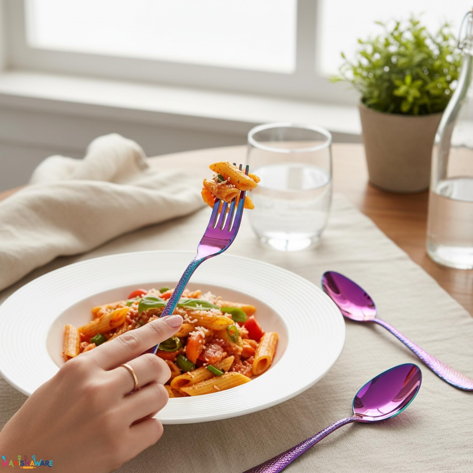Manishaware Hammered Rainbow 20 Pcs Stainless Steel Cutlery Set for Dining Table, Dishwasher Safe Glossy Flatware (4 spoon set+4 forks set+4 Butter knife+4 Dessert Spoon+ 4 Fruit Fork)