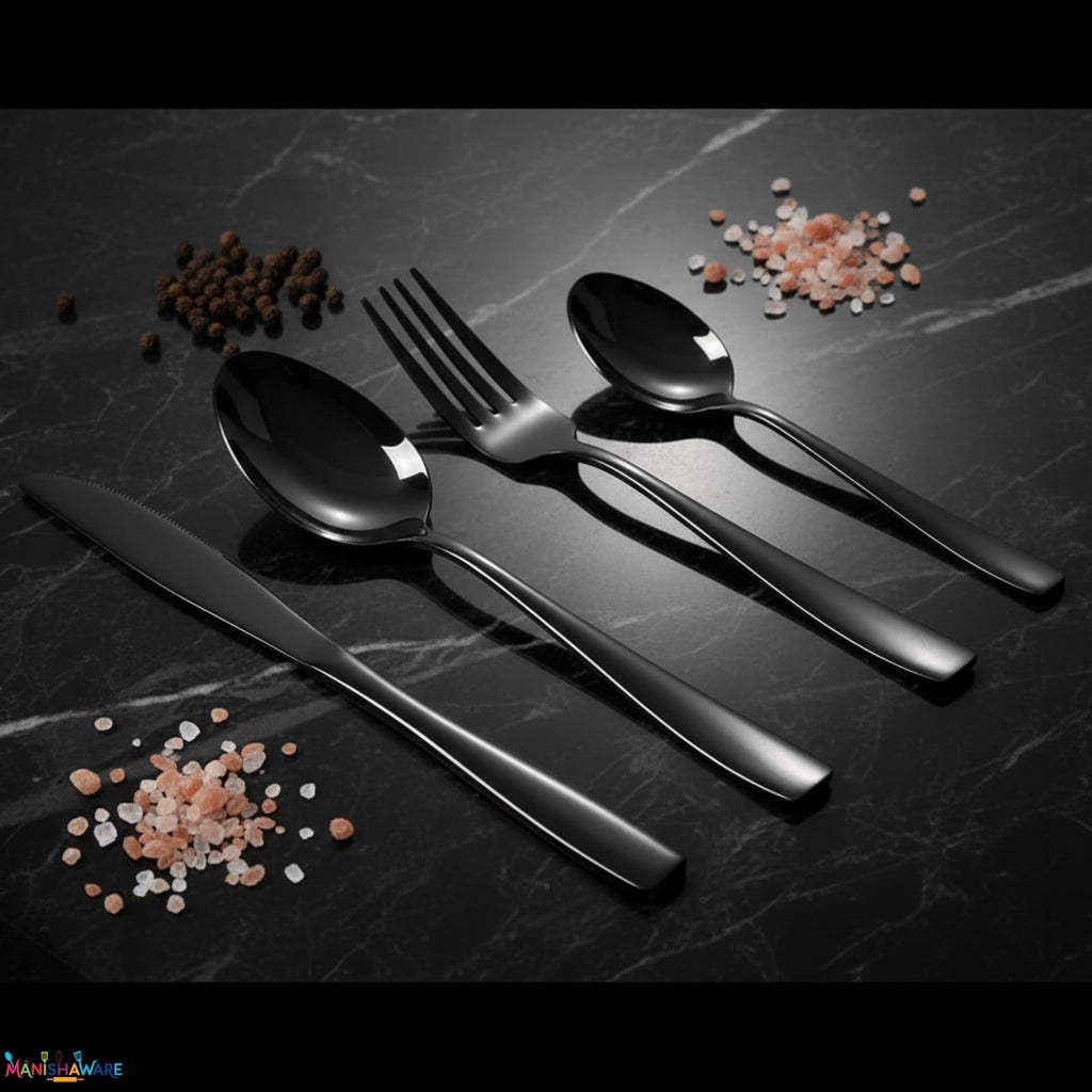 Manishaware Mirror Polished Black 12 Pcs Stainless Steel Cutlery Set for Dining Table, Dishwasher Safe Glossy Flatware (3 spoon set + 3 forks set + 3 Butter knife + 3 Dessert Spoon)